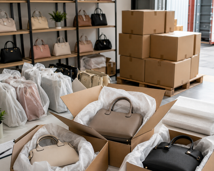 Finished Handbags Are Carefully Packed In Boxes And Prepared For Bulk Shipment