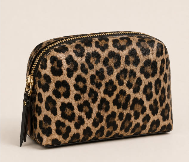 Leopard Print Cosmetic Bag In Black And Brown Showcasing A Stylish Design For Makeup And Personal Items