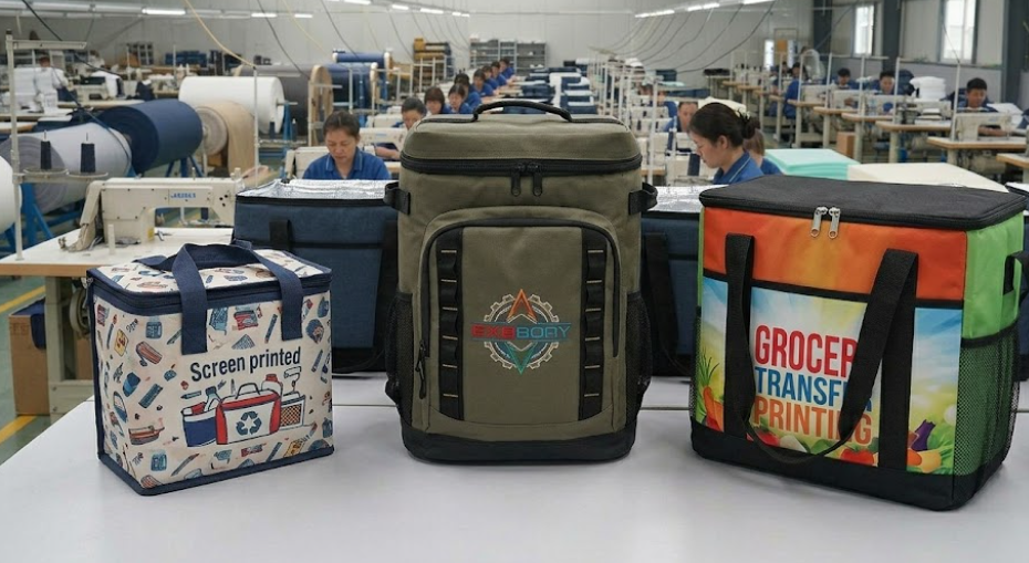 Three Customized Cooler Bags Showing Different Logo Techniques Like Screen Printing Embroidery And Heat Transfer