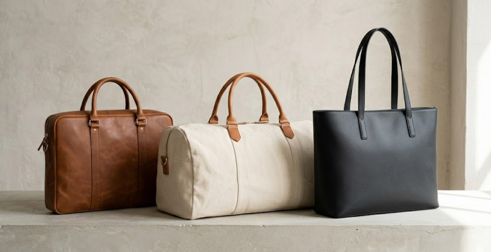 Three Distinct Leather Bags Displayed On A Shelf Showcasing Various Styles And Colors
