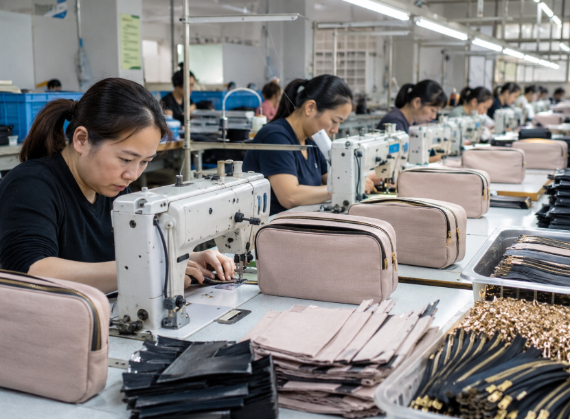 Workers Sewing Cosmetic Bags On A Factory Production Line