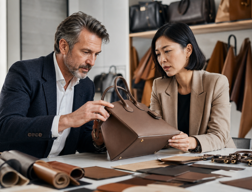 Ein Käufer und ein Hersteller prüfen die Qualität einer Lederhandtasche
