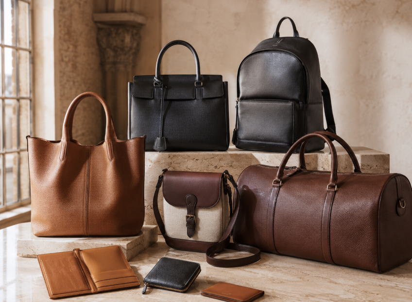 Eine Kollektion hochwertiger Lederhandtaschen, Rucksäcke und Reisetaschen