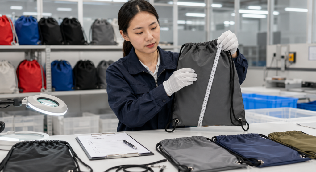A Factory Worker Checking The Size Of A Drawstring Bag