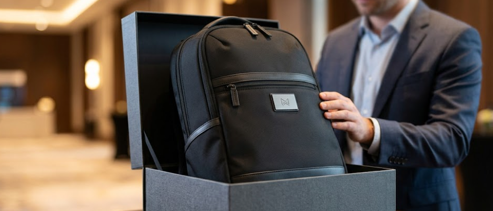 A Man Displays A Black Backpack Contained Within A Cardboard Box Highlighting Its Style And Functionality