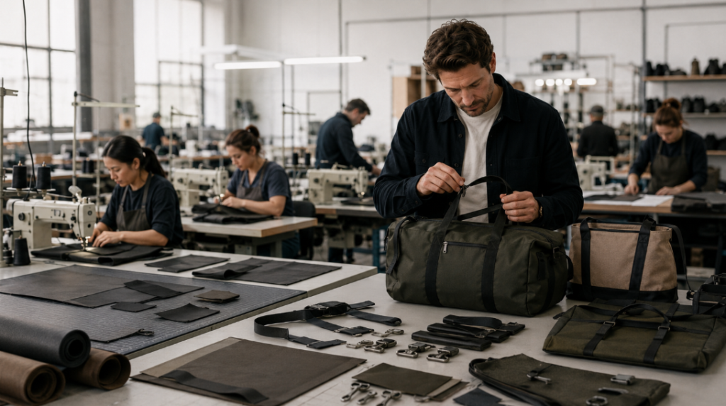 A Man In A Factory Setting Focused On His Work Surrounded By A Bag And Various Tools And Materials