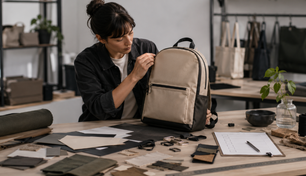 A Woman Diligently Working On A Backpack In A Workshop With Sewing Materials And Equipment Visible Around Her