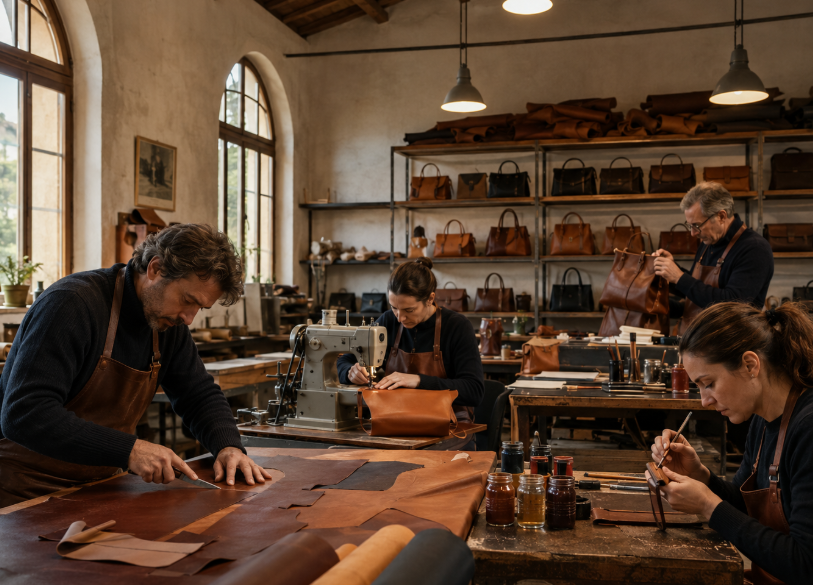 Handwerker beim Zuschneiden, Nähen und Veredeln von Ledertaschen in einer italienischen Werkstatt
