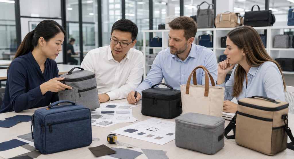 Buyers Reviewing Custom Lunch Bag Samples With A Manufacturer