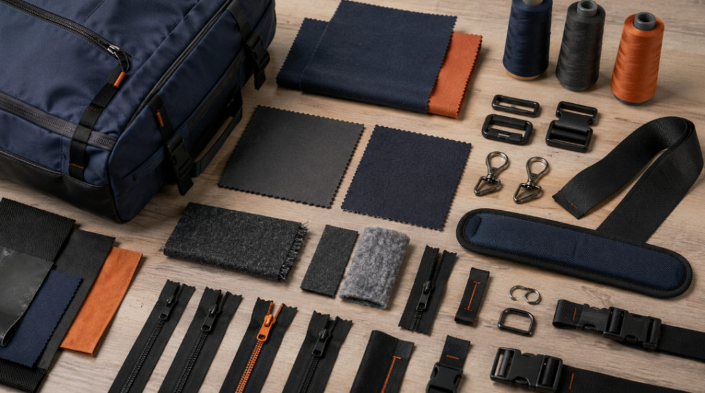 Custom Travel Bag Materials Including Fabric Swatches Zippers Buckles And Hardware Components