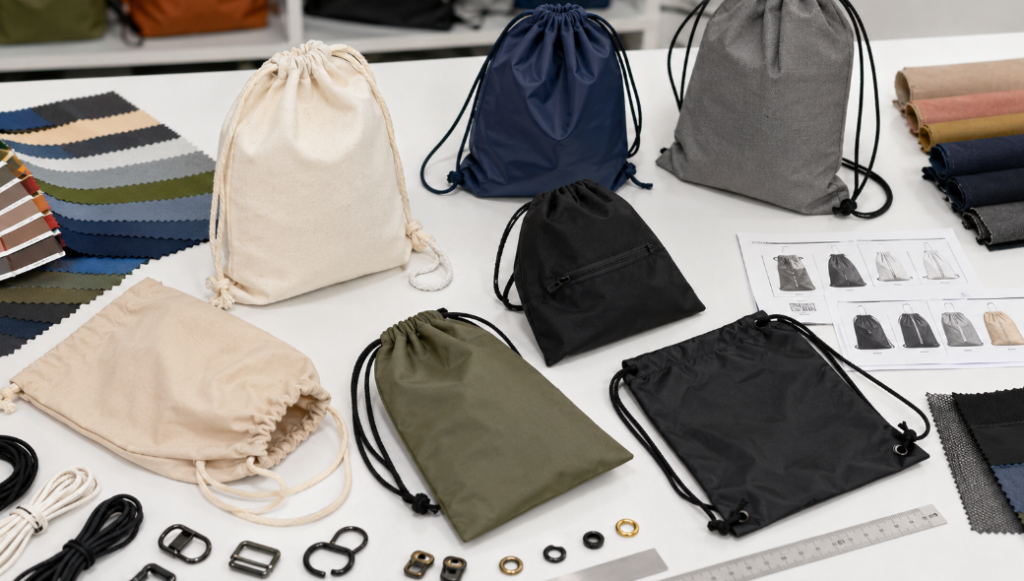 Different Drawstring Bag Materials And Accessories On Display