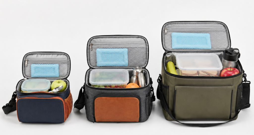 Different Sizes Of Insulated Lunch Bags With Food Containers And Ice Packs Inside
