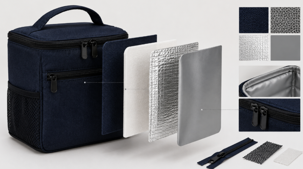 Exploded View Of A Custom Lunch Bag With Insulation And Lining Layers