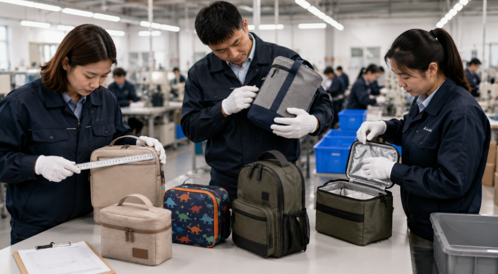 Factory Staff Inspect Custom Lunch Bags For Quality Control
