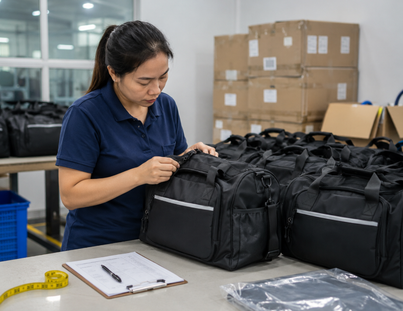 Finished Gym Bags Being Checked Before Packing