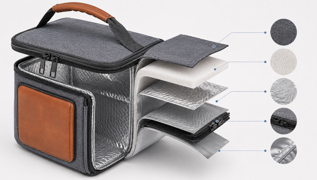 Insulated Lunch Bag Construction Showing Outer Fabric Insulation Layer And Inner Lining
