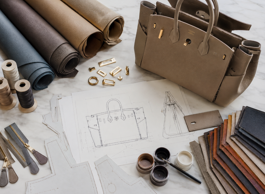 Skizzen von Ledertaschen, Materialmuster, Beschläge und Werkzeuge auf einem Zeichentisch