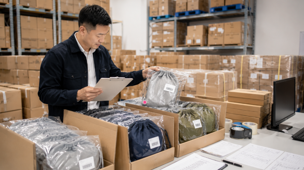 Packed Drawstring Bags Being Checked Before Shipment