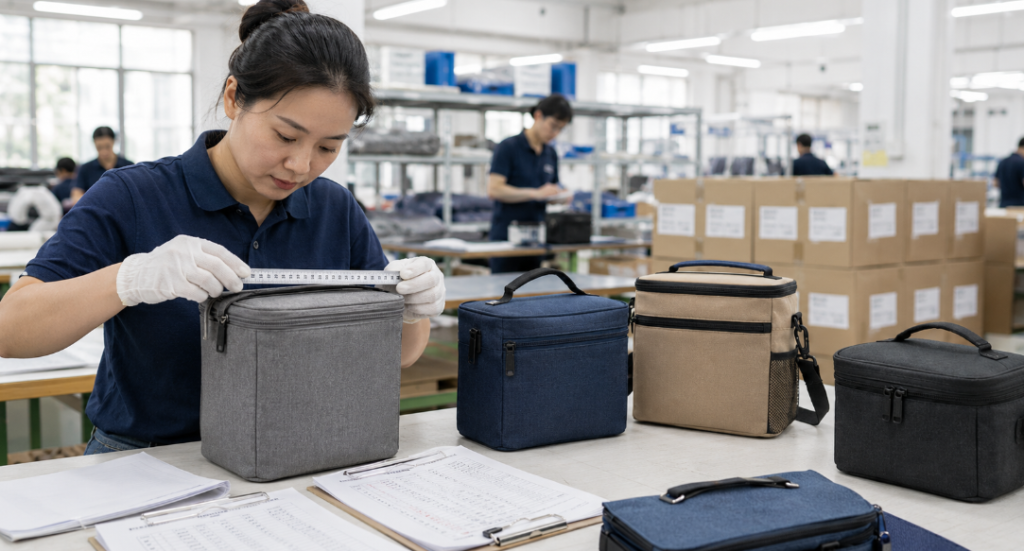 Quality Inspector Checking Custom Lunch Bag Dimensions And Stitching