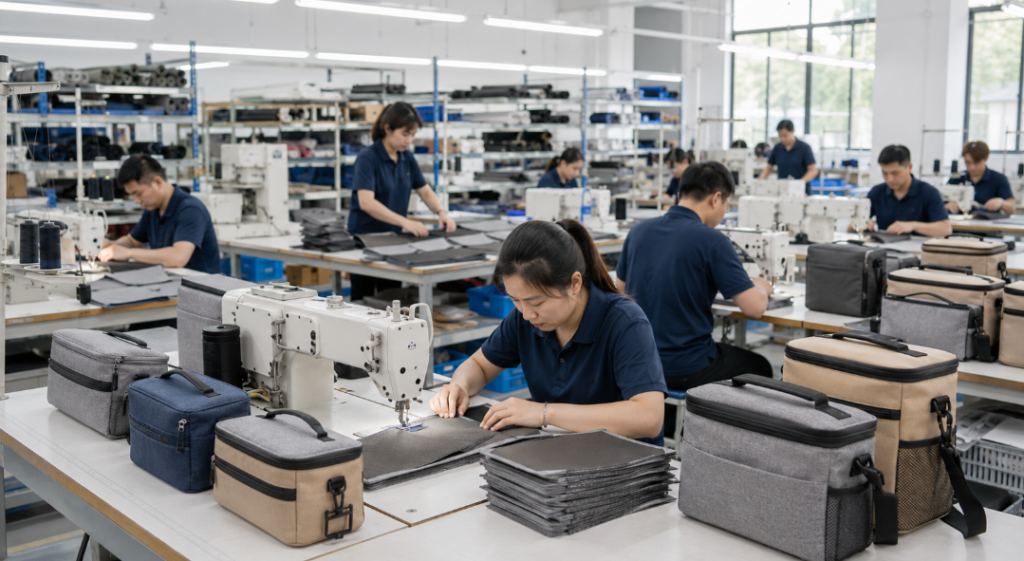 Workers Producing Insulated Lunch Bags On A Sewing Line