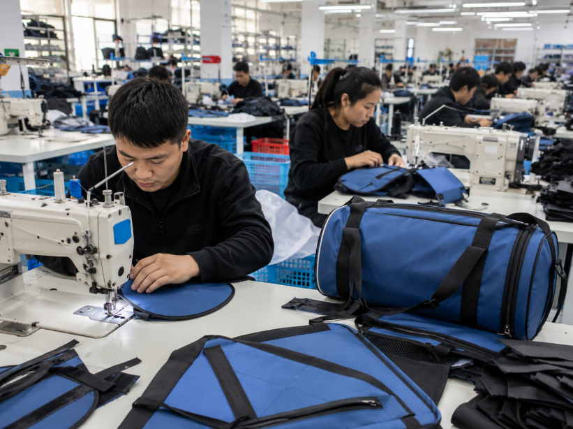 Workers Sewing Gym Bags In A Factory