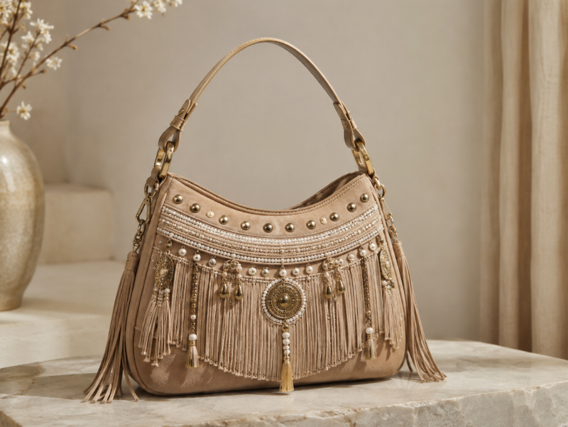 Beige Embellished Handbag With Fringe Beads And Hardware