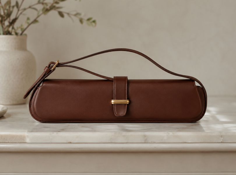 Brown Leather East West Handbag With Slim Horizontal Shape