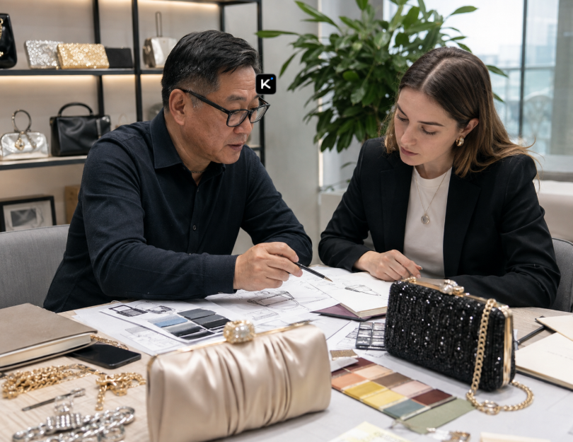 Buyer And Evening Bag Manufacturer Reviewing Custom Bag Designs And Samples