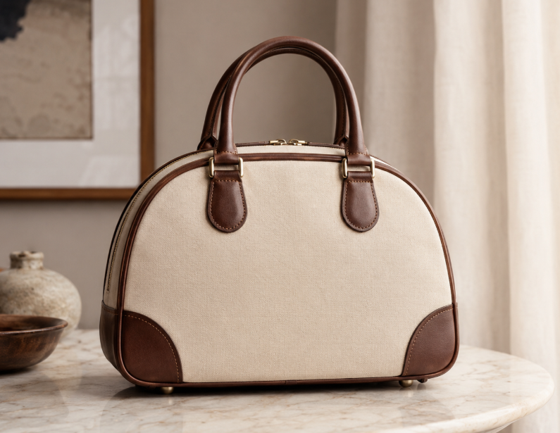 Cream Canvas Bowling Bag With Brown Leather Trim
