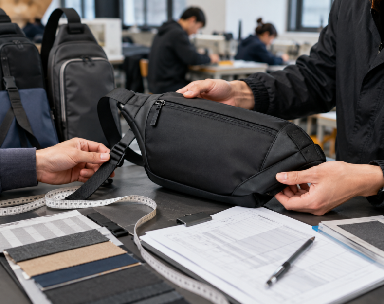 Custom Sling Bag Sample Being Checked For Quality And Construction