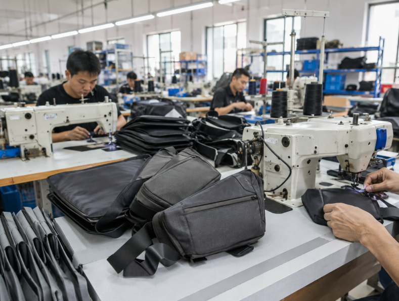 Custom Sling Bags Being Sewn In A Bag Manufacturing Workshop