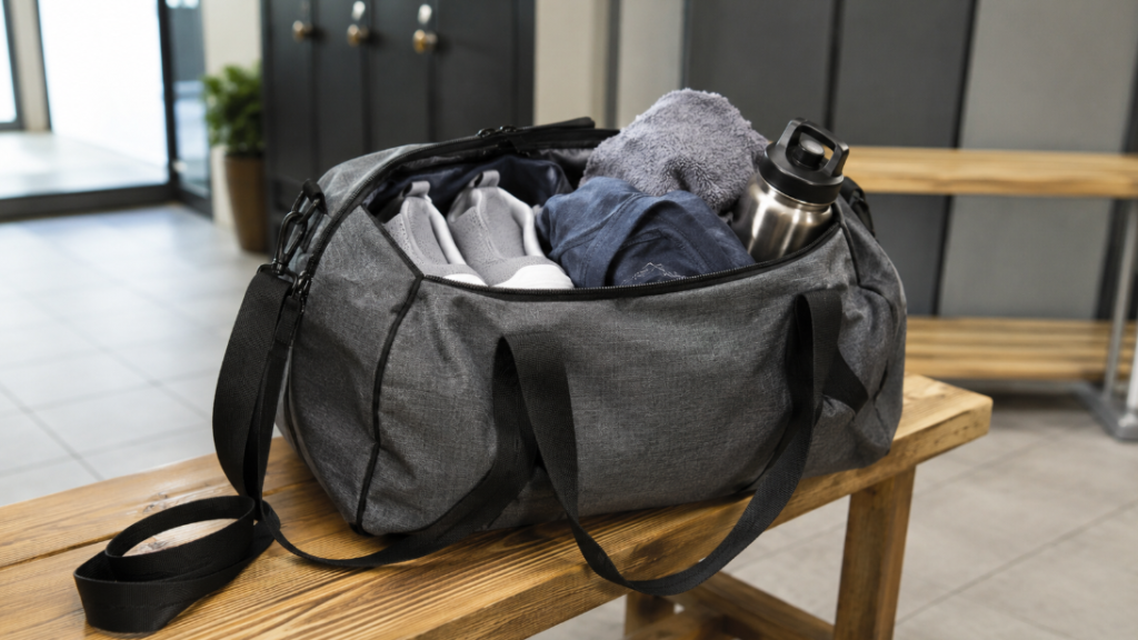 Gym Bag Packed With Shoes Towel And Workout Gear