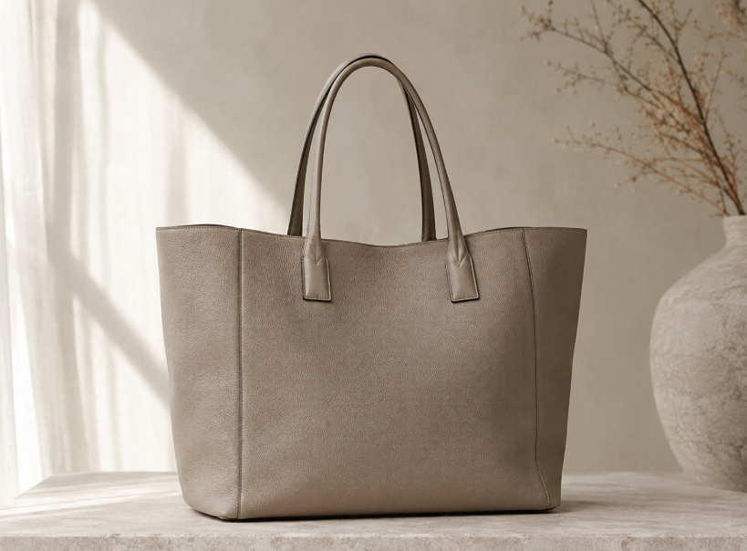 Oversized Taupe Leather Tote Bag With Long Handles