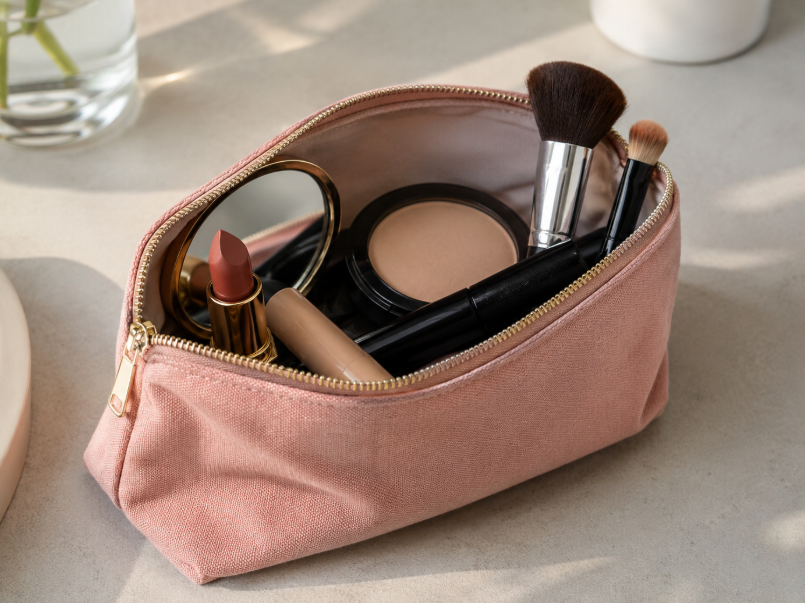 Pink Makeup Bag With Cosmetics And Brushes