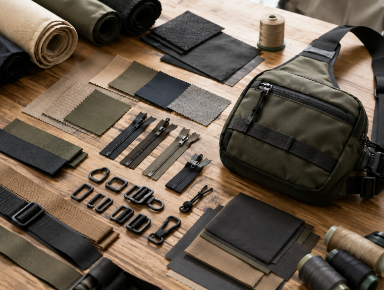 Sling Bag Materials Zippers Straps And Hardware On A Worktable