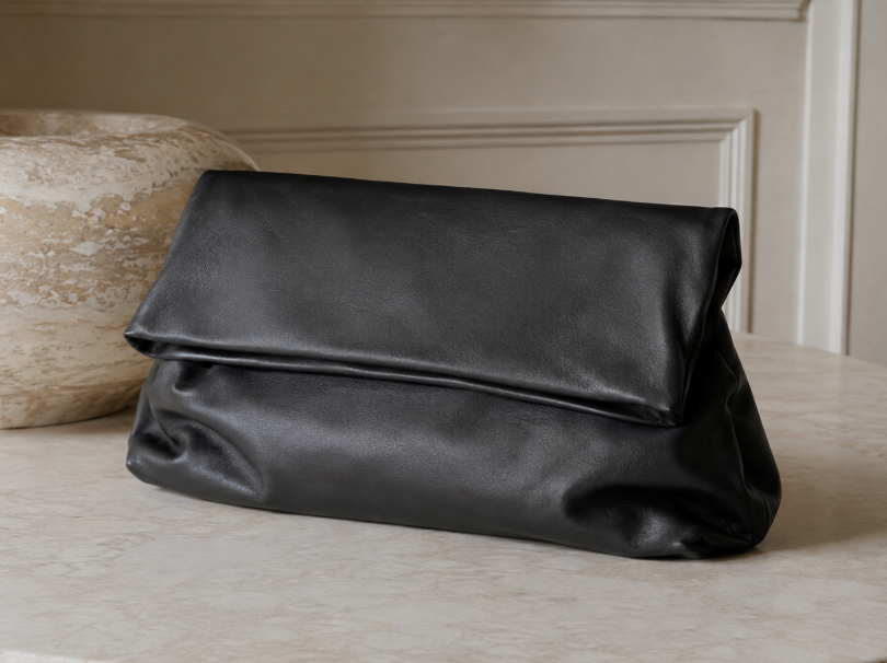 Soft Black Leather Fold Over Clutch Bag