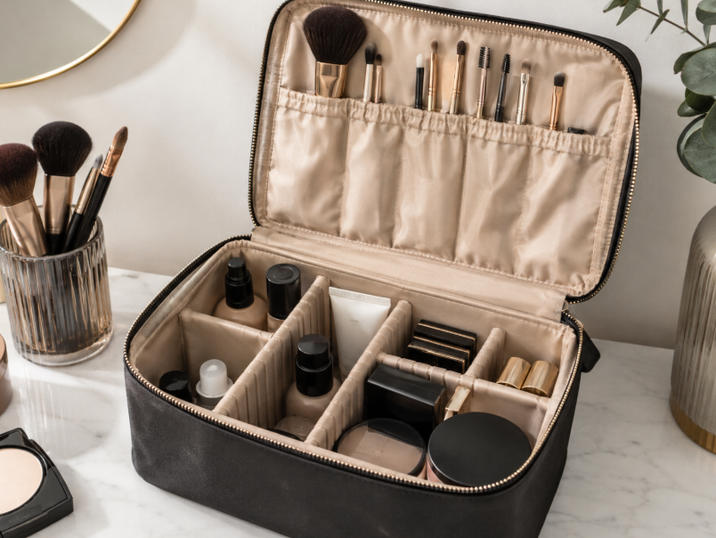 Structured Makeup Bag With Dividers And Brush Holders
