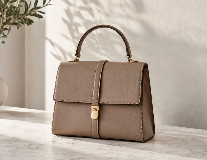 Structured Taupe Leather Top Handle Handbag