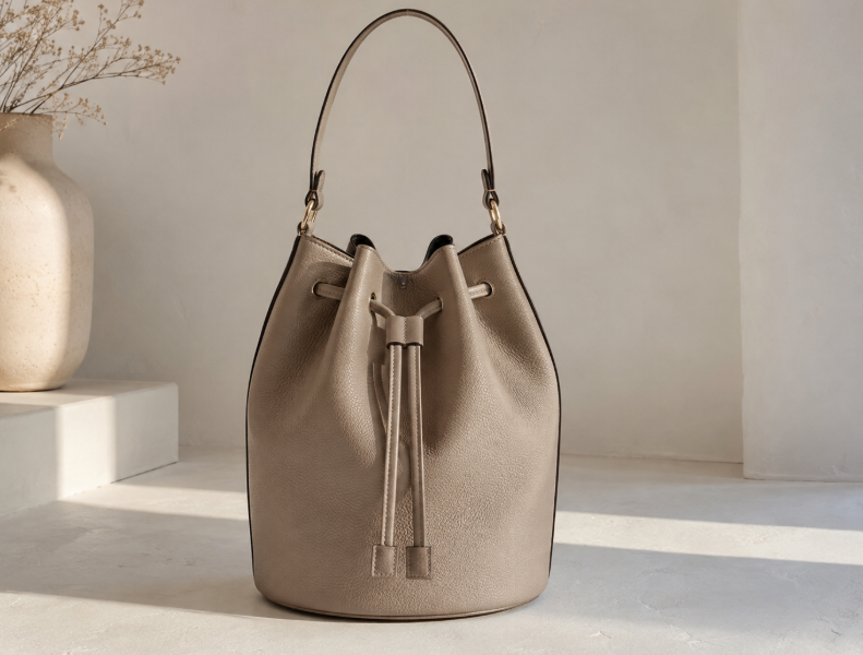 Taupe Leather Bucket Bag With Drawstring Closure
