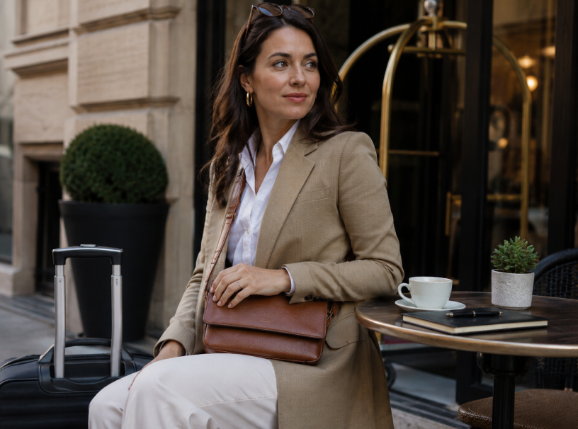 Woman Traveling With A Leather Crossbody Bag