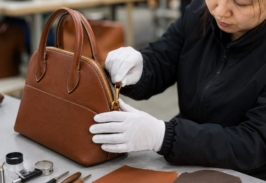 Worker Inspecting The Stitching And Hardware Of A Leather Handbag