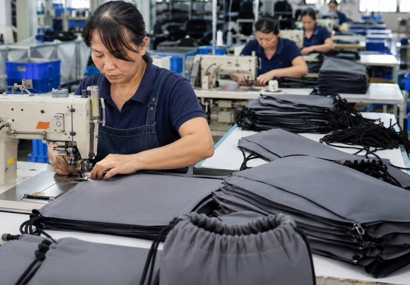 Workers Sewing Drawstring Backpacks In A Factory