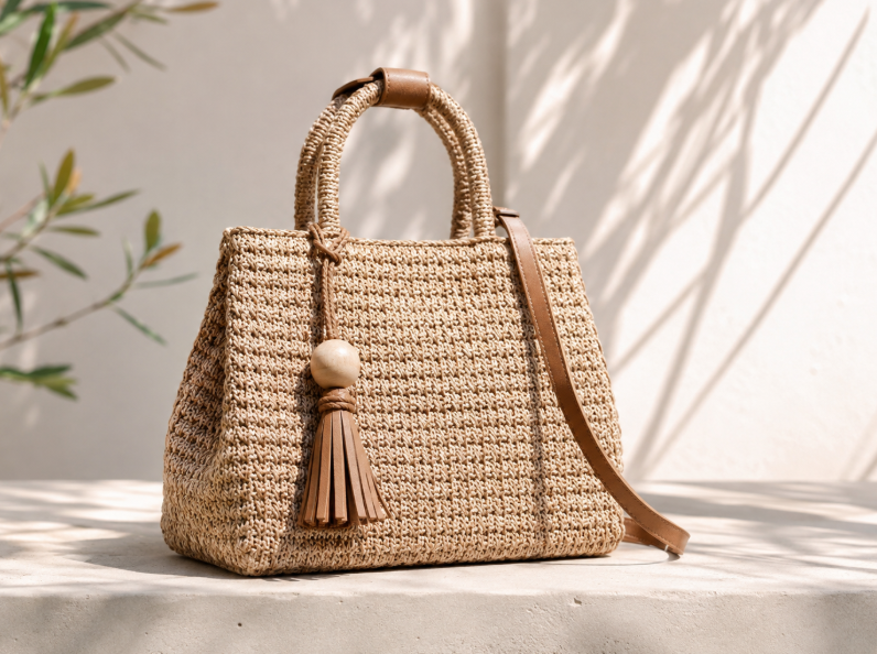 Woven Raffia Handbag With Leather Strap And Tassel