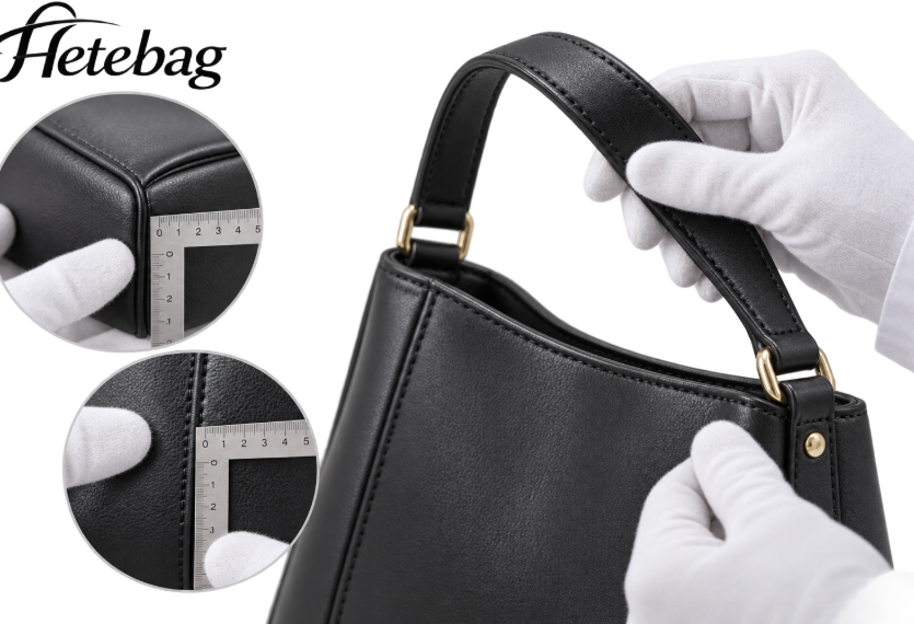 Inspector Checking A Synthetic Leather Handbag Corner And Shoulder Strap