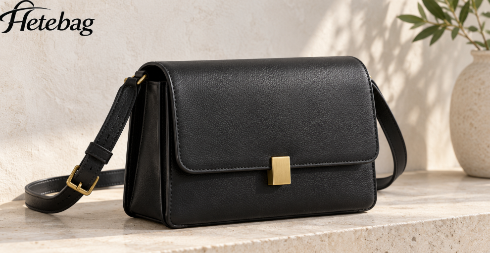 Black Structured Shoulder Bag With A Flap Closure