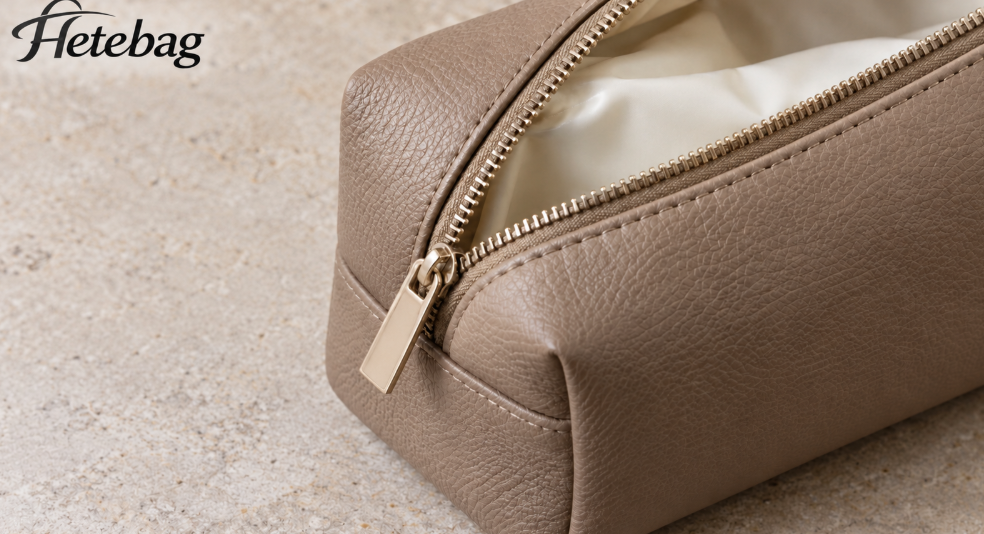 Primo piano della cerniera e della fodera di una borsa da toilette