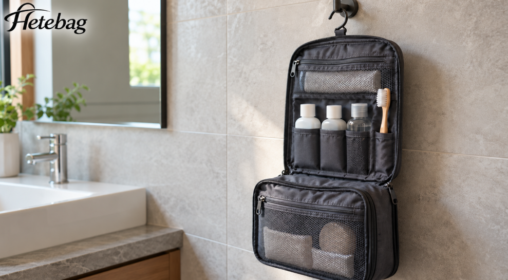 Borsa da toilette da appendere con flaconi da viaggio e uno spazzolino da denti
