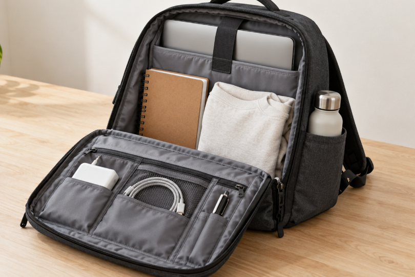 Laptop backpack compartments holding a laptop charger notebook and clothing