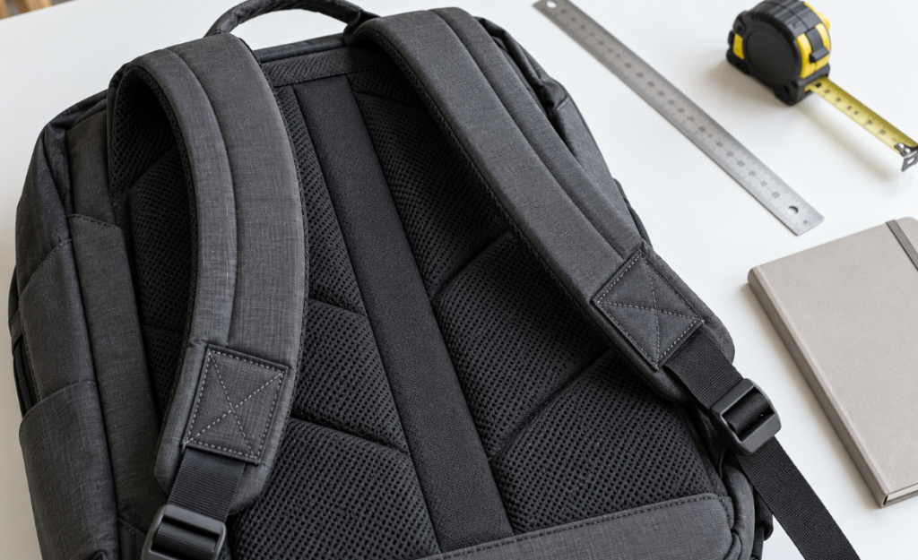 Laptop backpack strap and stitching inspection