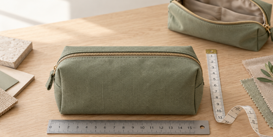 Measuring A Sage Green Makeup Bag Sample